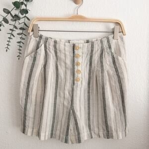 Anthropologie Cream and Green Stripe Button Fly Linen Cotton Shorts 2